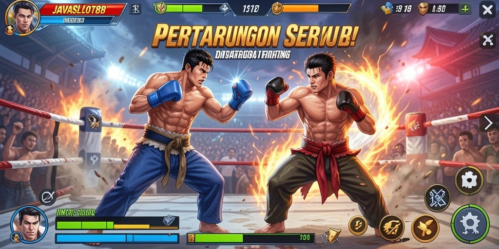 Screenshot JAVASLOT88 menunjukkan pertarungan intens antara karakter-karakter yang kuat.
