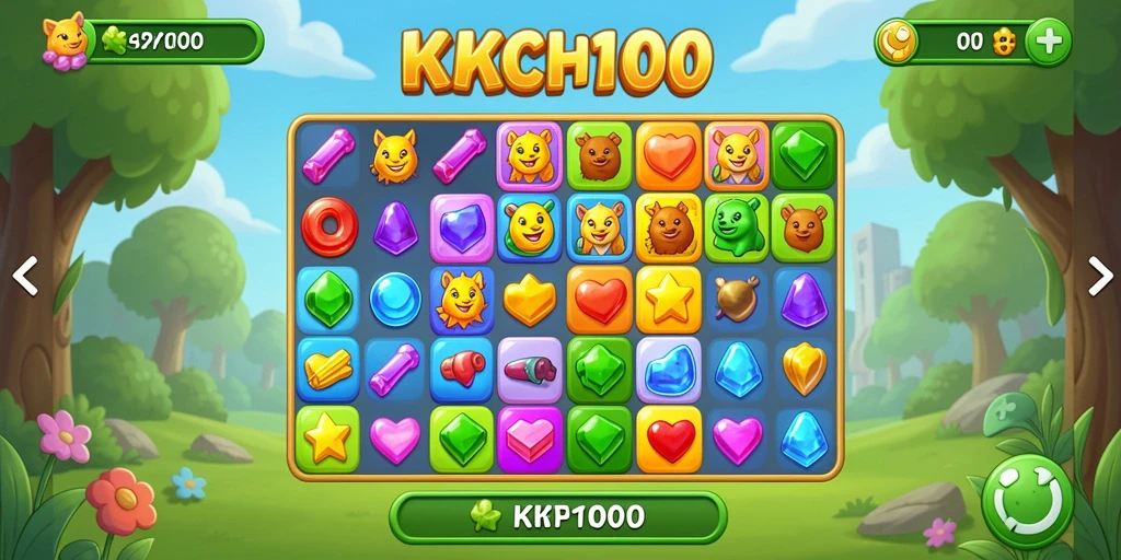 Tampilan gameplay seru KPK100 dengan elemen Match-3 yang berwarna-warni.