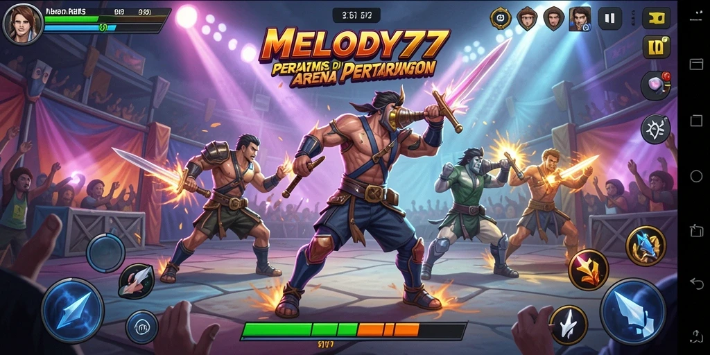 Tampilan gameplay <strong>MELODY77</strong> yang intens dan penuh warna dalam arena pertarungan.