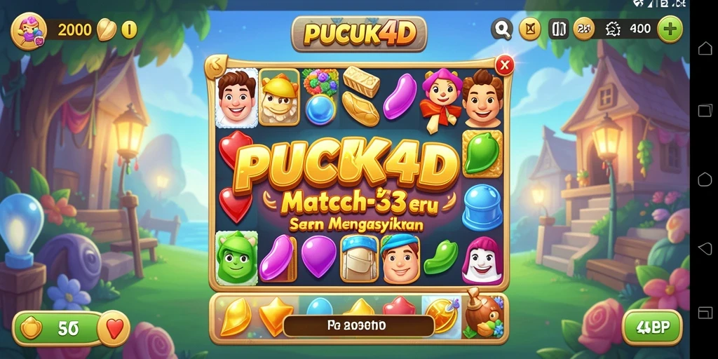 Screenshot utama PUCUK4D menunjukkan gameplay Match-3 yang dinamis.