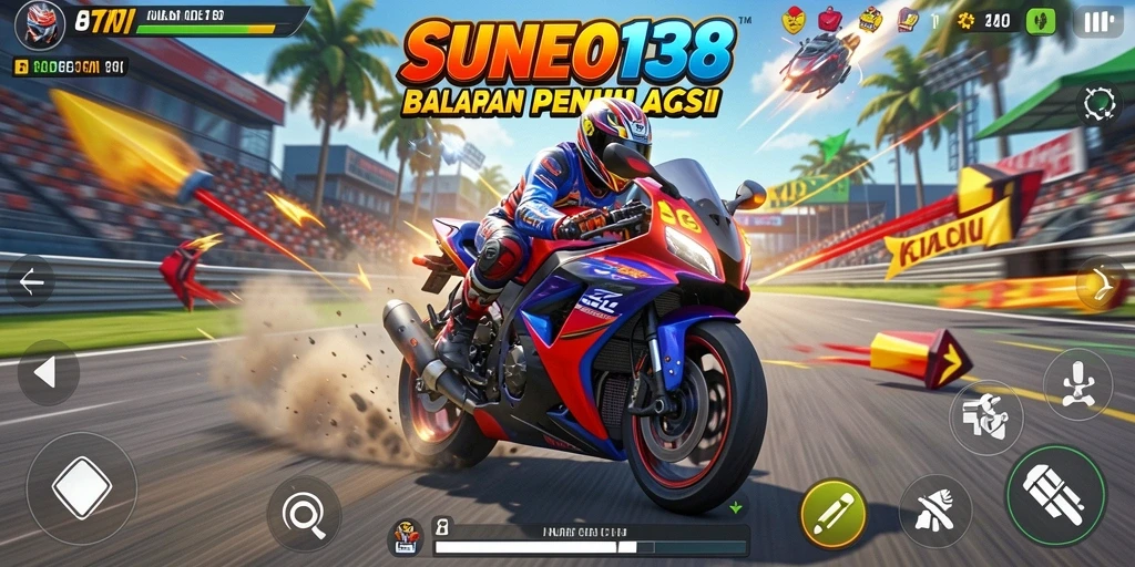 Screenshot gameplay SUNEO138 menampilkan aksi balapan motor yang mendebarkan.