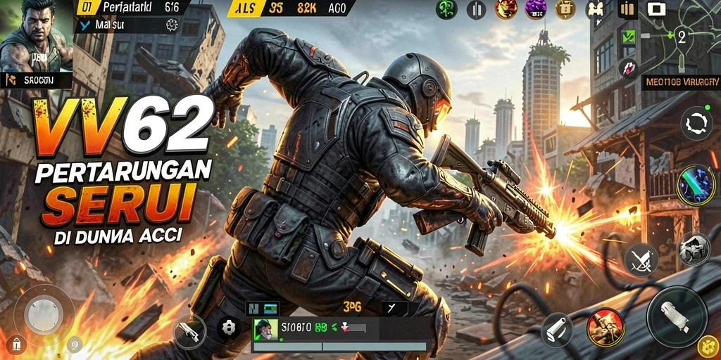 Tangkapan layar utama VV62 menampilkan pertarungan aksi penuh intensitas.